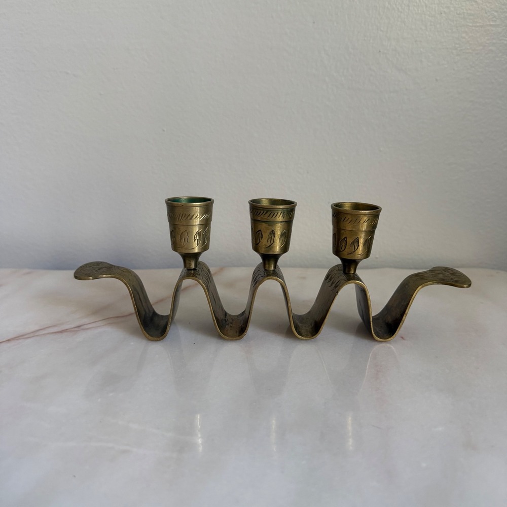 Vintage Brass Wavy Ribbon Triple Candle Holder Etched India Boho Decor